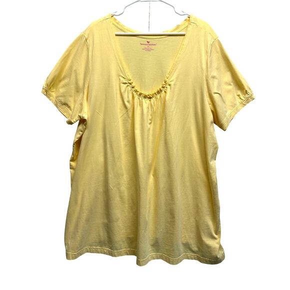 Woman Within Yellow Short Sleeve Top 3X Size 100% Cotton V-Neck Gathered Detail - Picture 1 of 7
